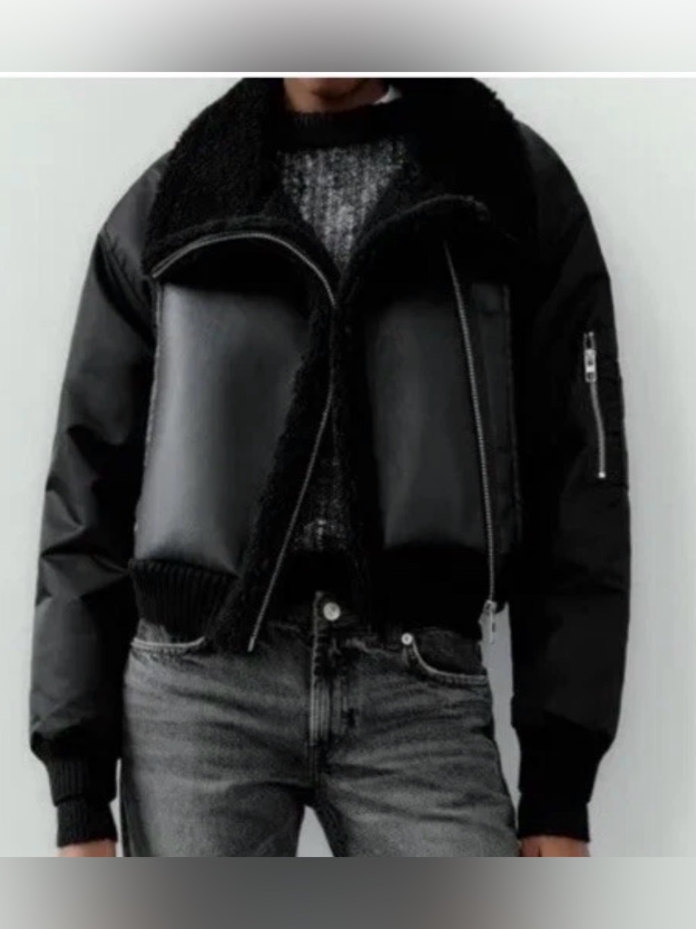 Zara CONTRAST DOUBLE-FACED BomberJACKET 
Black Faux Shearling Jacket Sz L Women’